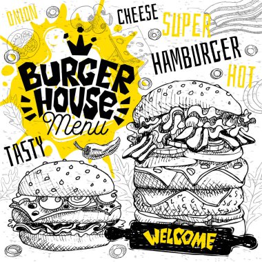 Burger house cafe restoran menü. Vektör alt bar cafe lokanta el ilanı kartları için sandviç. Tasarım şablonu, logo, amblem, işaret, taç, hoş geldiniz vintage elle çizilmiş vektör çizimler.