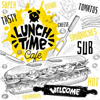 Lunch time cafe restaurant menu. Vector sub sandwiches fast food flyer cards for bar cafe. Design template, logo, emblem, sign, crown, welcome vintage hand drawn vector illustrations. clipart