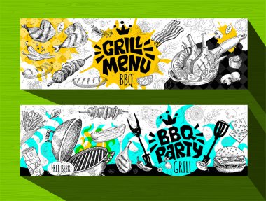 Barbekü Afiş Poster ızgara yemek, sosis, tavuk, patates kızartması, biftek, balık, Barbekü ızgara partisi. Trendy kroki tarzı kartları tipografi kara tahta ayarla.