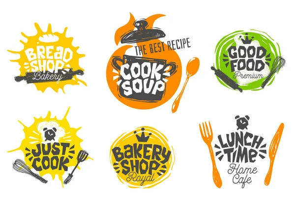 Sketch style cooking lettering icons set. For badges, labels, logo, bakery, street festival, farmers market, country fair, shop, kitchen classes, cafe, food studio. — Stock Vector