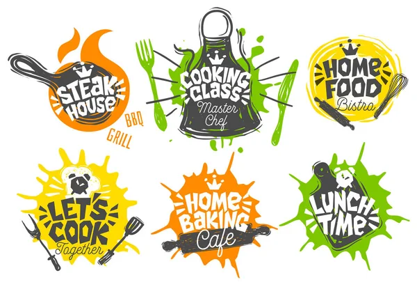 Sketch style cooking lettering icons set. For badges, labels, logo, bakery, street festival, farmers market, country fair, shop, kitchen classes, cafe, food studio. — Stock Vector