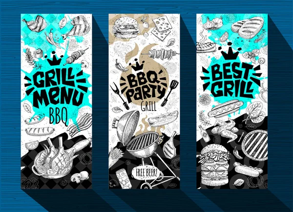 Carteles de pancartas de barbacoa comida a la parrilla, salchichas, pollo, papas fritas, filetes, pescado, barbacoa fiesta a la parrilla. Establecer tarjetas de estilo de boceto de moda tipografía pizarra . — Vector de stock