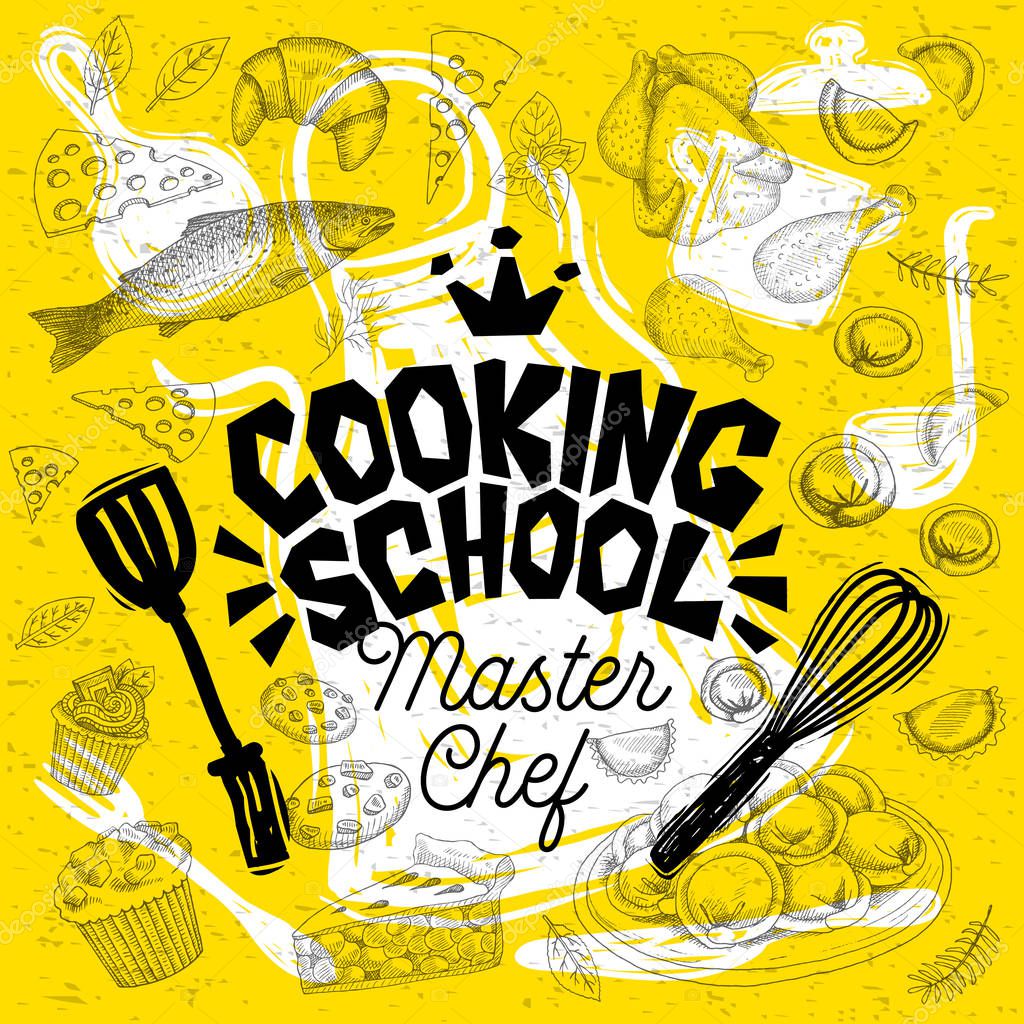 Sketch style master chef cooking school lettering. Sign, logo, emblem. Pan, pot, knife, fork, apron, pie, fish, croissant, cupcake, cake, trout, spices.