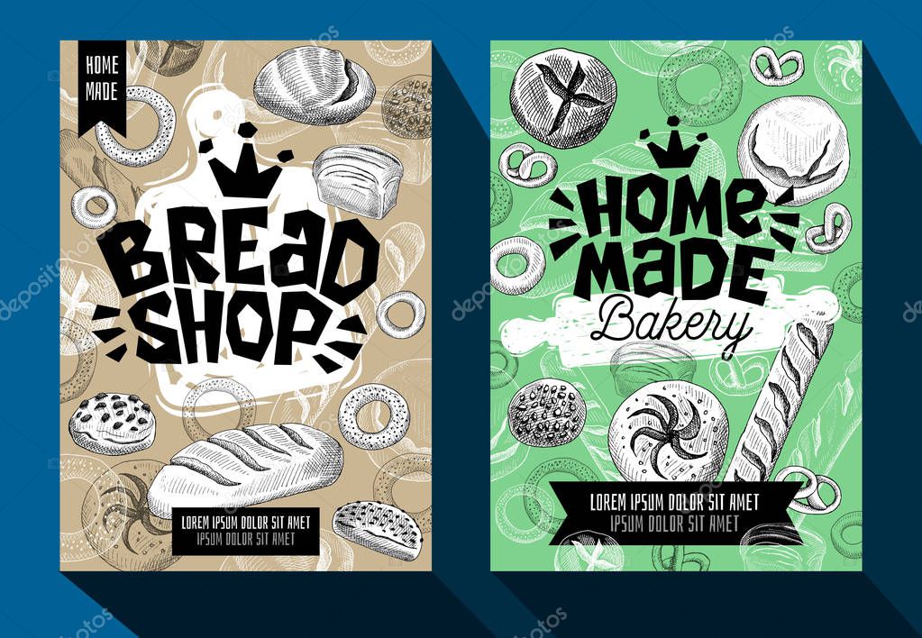 Food poster bakery cards set. Trendy cool sketch style. Modern sketch elements collection packaging, posters, cards design. Hand drawn vector illustration.