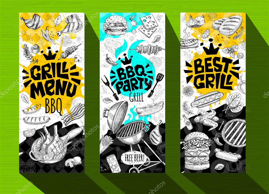 Barbecue banner posters grilled food, sausages, chicken, french fries, steaks, fish, grill BBQ party. Set trendy sketch style cards typography chalkboard. Hand drawn vector illustration.
