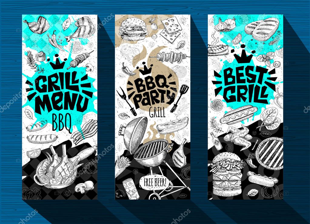 Barbecue banner posters grilled food, sausages, chicken, french fries, steaks, fish, BBQ grill party. Set trendy sketch style cards typography chalkboard.