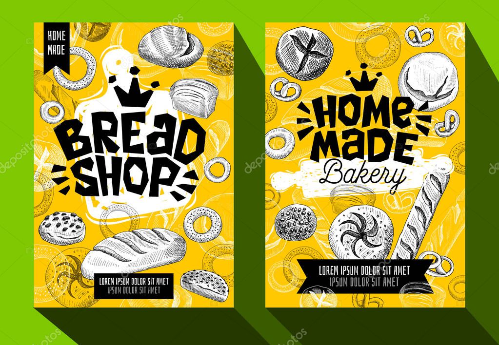 Food poster bakery cards set. Trendy cool sketch style. Modern sketch elements collection packaging, posters, cards design. Hand drawn vector illustration.