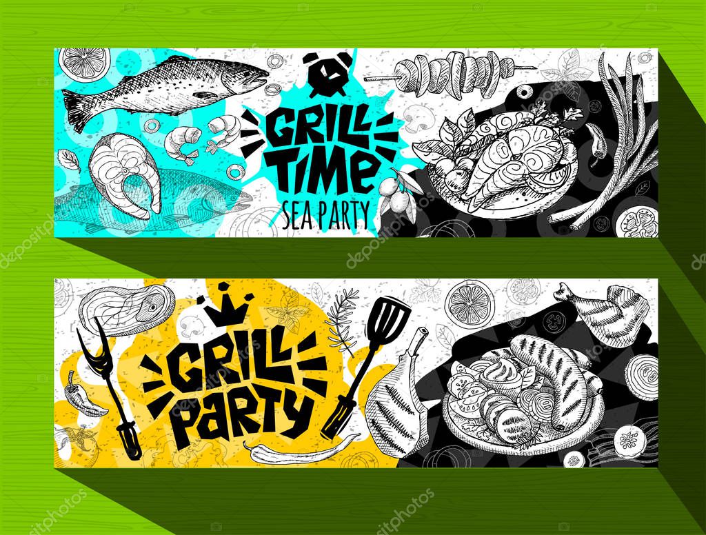 Barbecue banner posters grilled food, sausages, chicken, french fries, steaks, fish, grill menu BBQ party. Set trendy sketch style cards typography chalkboard. Hand drawn vector illustration.