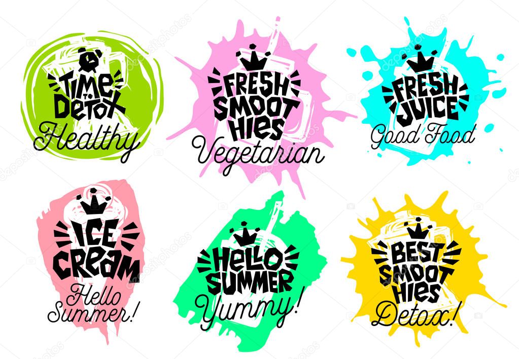 Sketch style  food lettering icons set. For badges, labels, logo, fresh market, detox, farmers market, eco shop, smoothies drinks, juice cafe, green bar. Hand drawn vector illustration.