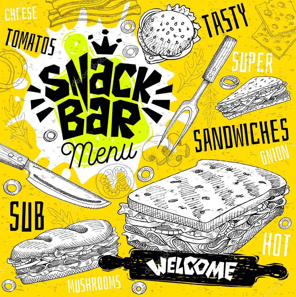 Snack bar cafe restaurant menu. Vector sub sandwiches fast food flyer cards for bar cafe. Design template, logo, emblem, sign, crown, welcome vintage hand drawn vector illustrations.