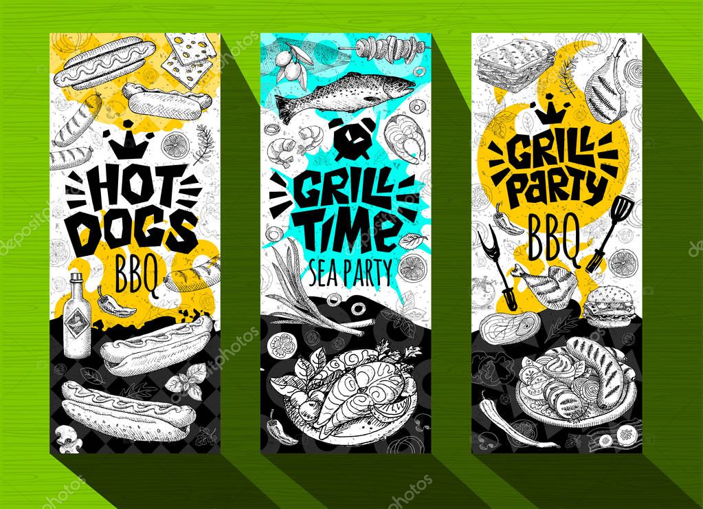 Barbecue banner posters grilled food, sausages, chicken, french fries, steaks, fish, grill BBQ party. Set trendy sketch style cards typography chalkboard. Hand drawn vector illustration.
