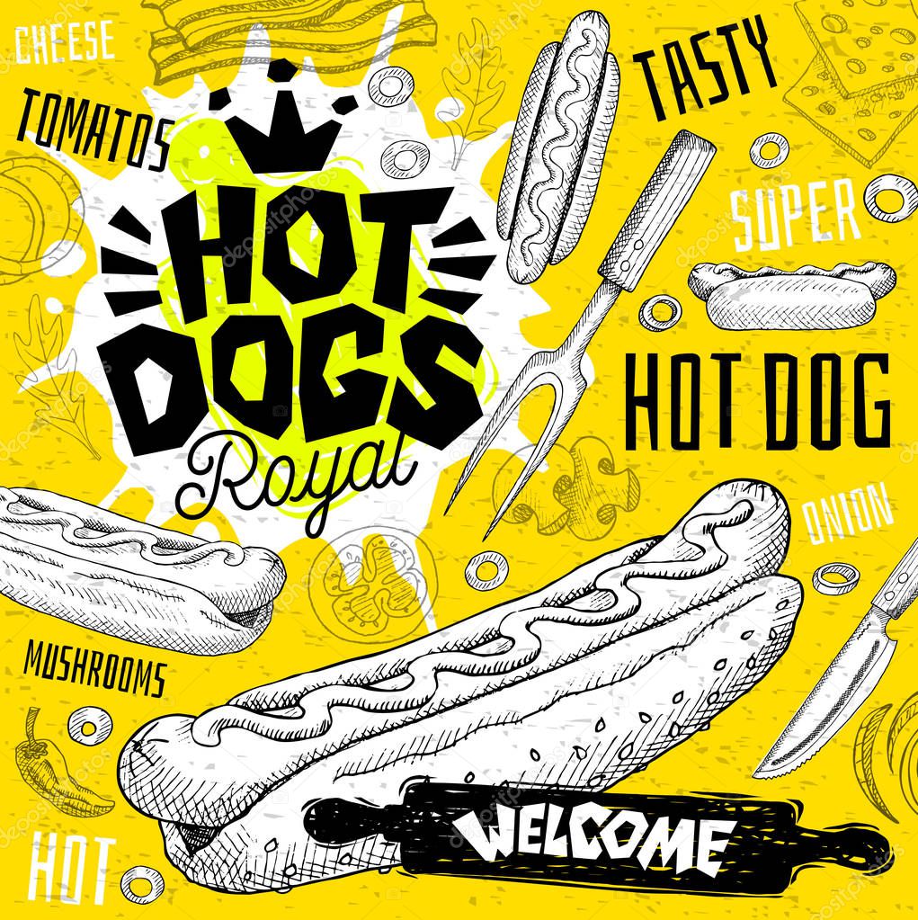 Hot dog cafe restaurant menu. Vector sub sandwiches fast food flyer cards for bar cafe. Design template, logo, emblem, sign, crown, welcome vintage hand drawn vector illustrations.