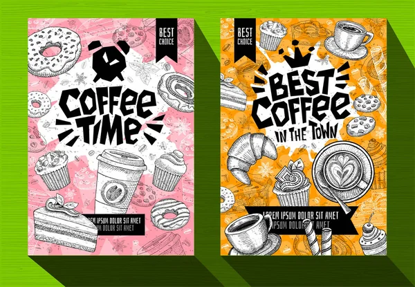 Modèle de menu affiche café moderne. Logo emblème signe lettrage. Heure du café Meilleur café. Tasse à café grains couronne cuillère . — Image vectorielle