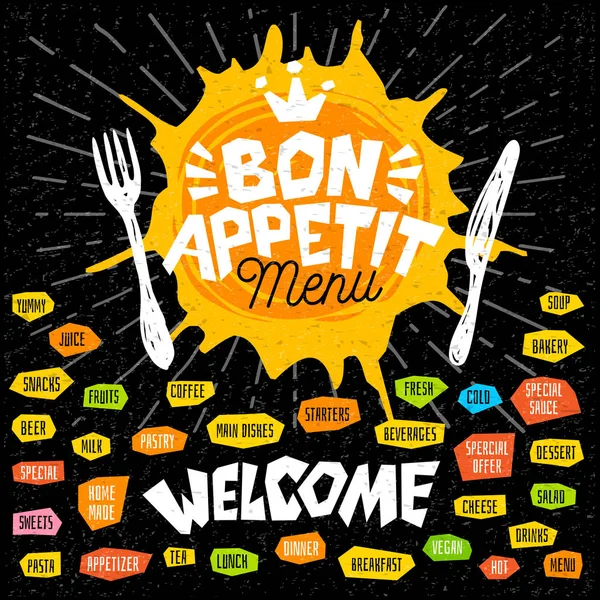 Bon appetit menú de bienvenida, tenedor, cuchillo, menú . — Vector de stock