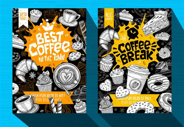 Modern Cafe gıda poster menü şablonu. Logo amblem işareti yazı. Kahve molası kahve dükkanı. Kahve Kupası kupa fasulye kaşık taç. — Stok Vektör