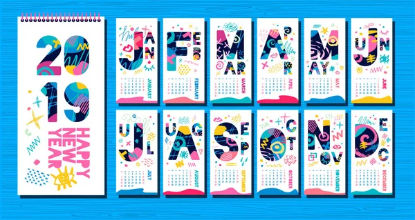 Vägg månadskalender mall 2019. Vertikala månadskalendermallen, bokstäver typografi. — Stock vektor