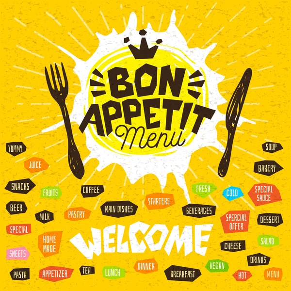 Bon appetit menú de bienvenida, tenedor, cuchillo, menú. Letras, etiquetas, logotipo, estilo de boceto, rayos de luz, artesanía, pasta, vegano, té, café, postres, delicioso, sopa, combo, ensalada, pastelería — Vector de stock