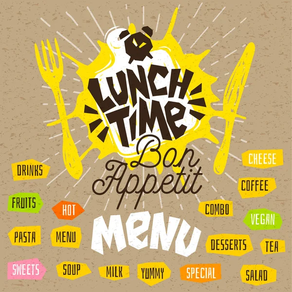 Hora del almuerzo, tenedor, cuchillo, menú. Letras, caligrafía, logotipo, estilo de boceto, rayos de luz, artesanía, pasta, vegano, té, café, desiertos, delicioso, leche, ensalada . — Vector de stock