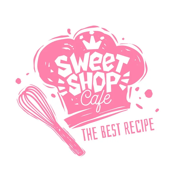 Σχέδιο έμβλημα ετικέτα λογότυπο γλυκό κατάστημα καφέ. Η καλύτερη συνταγή, σεφ καπέλο, ροζ, στέμμα. Το χέρι συντάσσονται διανυσματικά εικονογράφηση. — Διανυσματικό Αρχείο