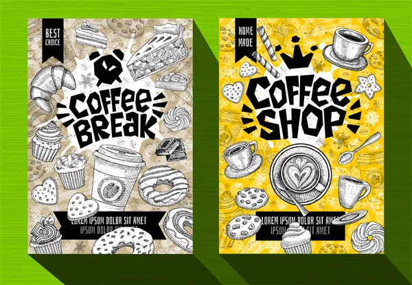 Moderne Cafe Food Poster Menüvorlage. Logo Emblem Zeichen Schriftzug. Kaffeepause Kaffeestube. Kaffeetasse Becher Bohnen Löffelkrone. — Stockvektor