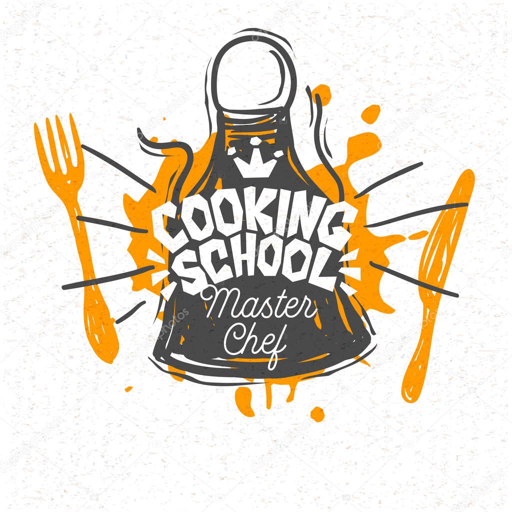 Cooking school culinary classes logo utensils apron, fork, knife, master chef. Lettering, calligraphy logo, sketch style, welcome. Hand drawn vector illustration.