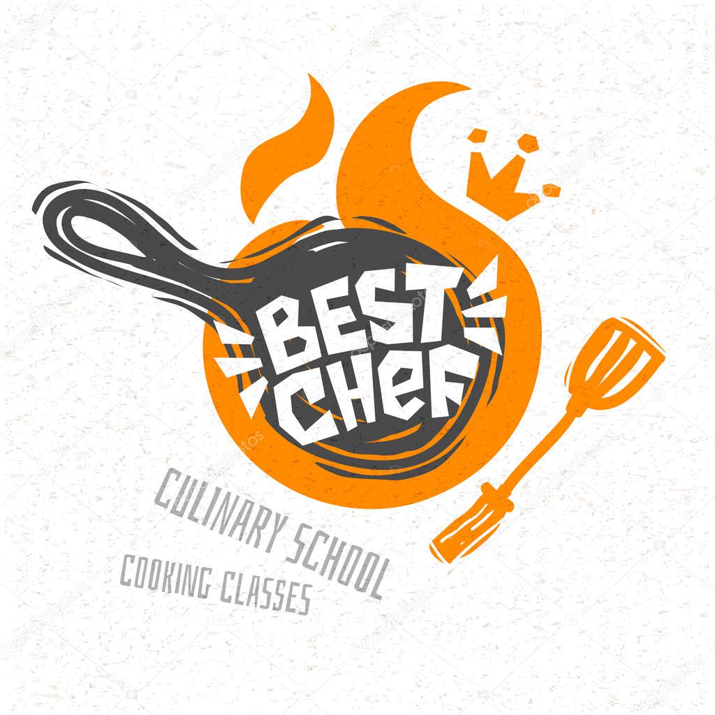 Cooking school culinary classes logo utensils apron, fork, knife, master chef. Lettering, calligraphy logo, sketch style, welcome. Hand drawn vector illustration.