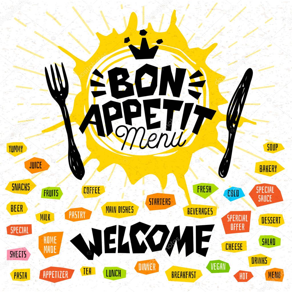 Bon appetit menu welcome fork knife, menu. Lettering, labels, logo sketch style, craft, pasta vegan tea, coffee desserts, yummy soup, combo salad, pastry. Hand drawn vector illustration
