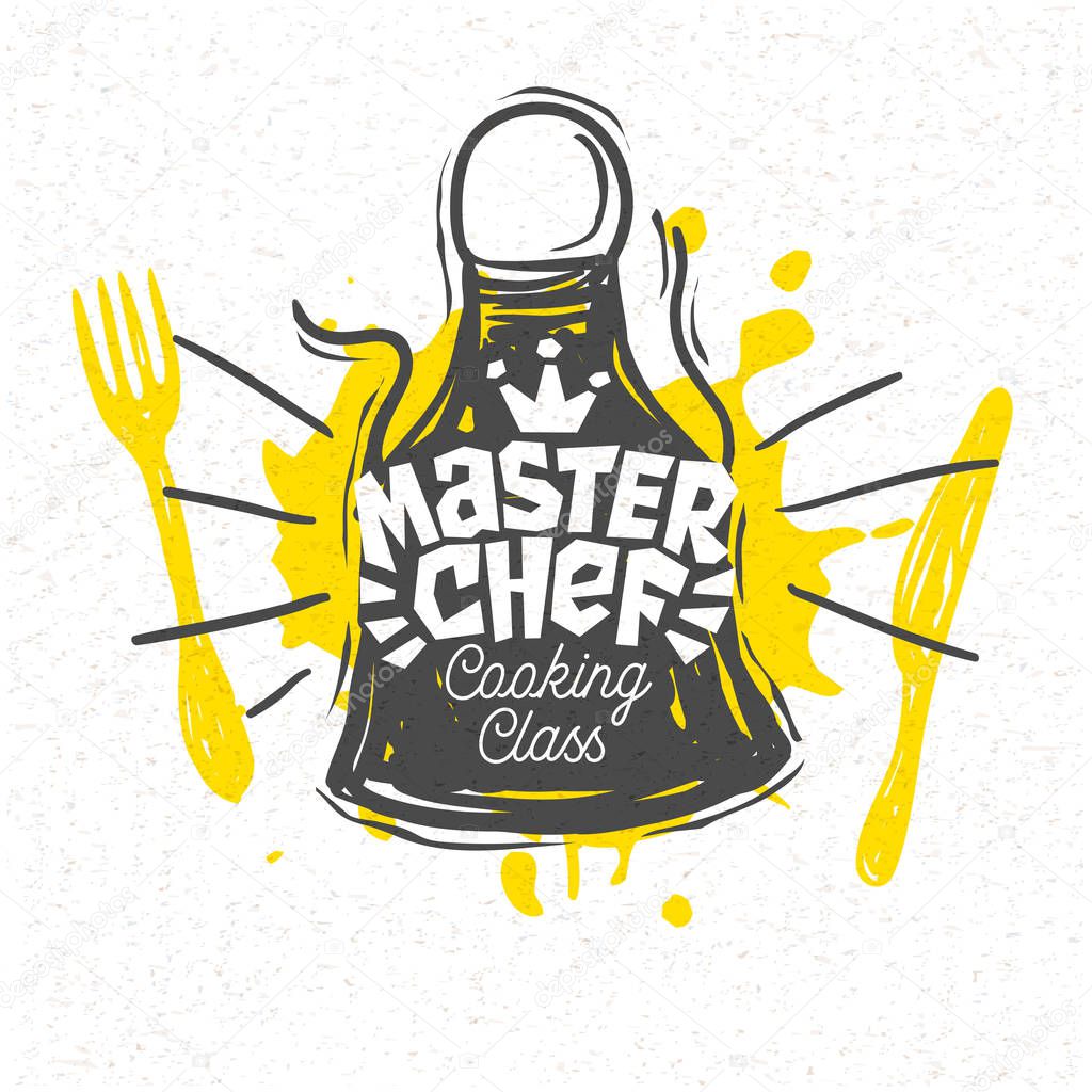 Cooking school culinary classes logo utensils apron, fork, knife, master chef. Lettering, calligraphy logo, sketch style, welcome. Hand drawn vector illustration.