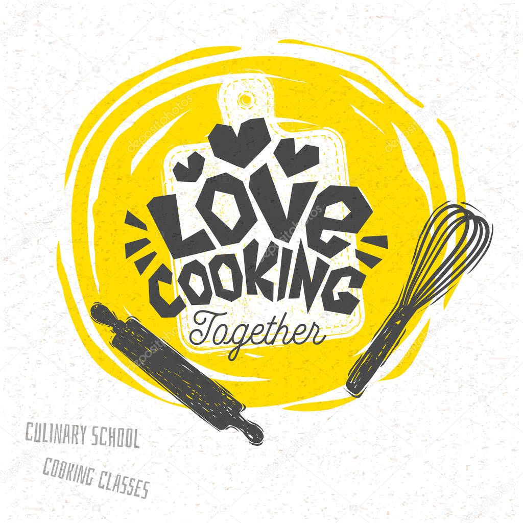 Cooking school, culinary classes, studio, logo, utensils, apron, fork, knife, master chef. Lettering, calligraphy logo, sketch style, welcome. Hand drawn vector illustration.