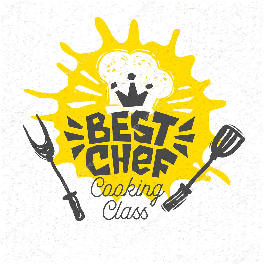 Cooking school, culinary classes, studio, logo, utensils, apron, fork, knife, master chef. Lettering, calligraphy logo, sketch style, welcome. Hand drawn vector illustration.