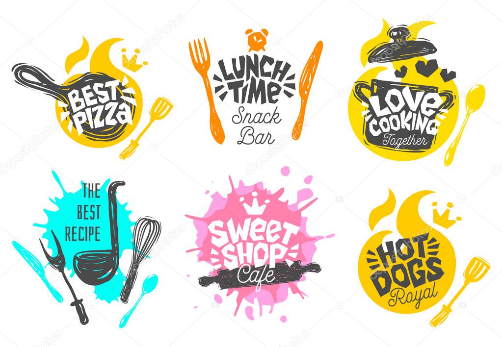 Sketch style cooking lettering icons set. For badges, labels, logo, sweet shop, bakery, snack bar, street festival, farmers market, country fair, shop, kitchen classes, cafe, food studio
