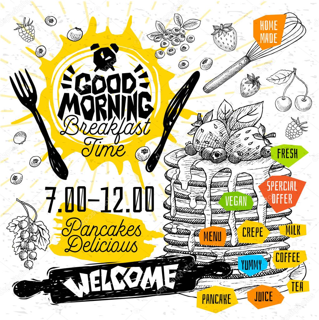 Good morning Breakfast time Pancakes Delicious crepes restaurant menu. Vector pancake food flyer cards for bar cafe. Design template, logo, emblem, sign, clock,