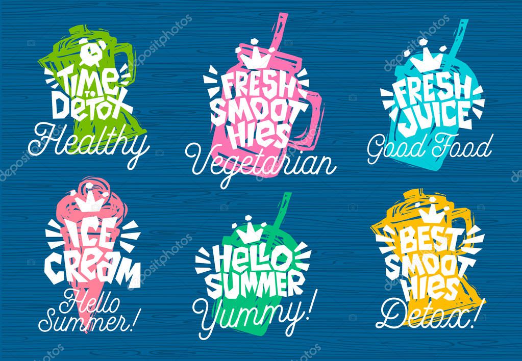 Sketch style  food lettering icons set. For badges, labels, logo, fresh market, detox, farmers market, eco shop, smoothies drinks, juice cafe, green bar. Hand drawn vector illustration.
