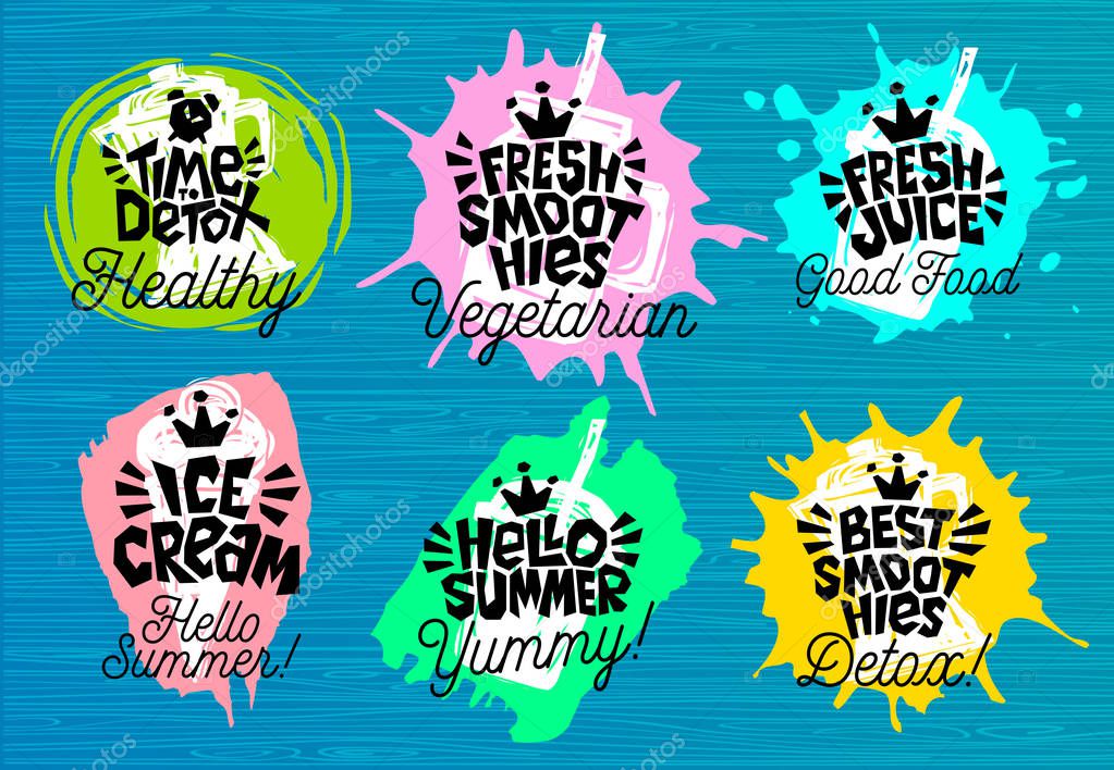 Sketch style  food lettering icons set. For badges, labels, logo, fresh market, detox, farmers market, eco shop, smoothies drinks, juice cafe, green bar. Hand drawn vector illustration.