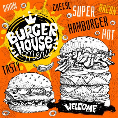 Burger house cafe restoran menü. Vektör hamburger lokanta el ilanı kartları için kafe bar. Tasarım şablonu, logo, amblem, işaret, taç, hoş geldiniz vintage elle çizilmiş vektör çizimler.