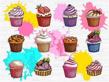 Cupcakes izole set vektör. Renkli kek koleksiyonu. Krema, şeker buzlanma, Öğle Yemeği, mola zamanı, çilek, çikolata parçacıklı kurabiye. Elle çizilmiş vektör