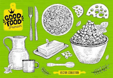 İyi yemek premium market, logo tasarımı, peynir dükkanı, lor, süt vektör toplama. Süt ev ürünleri, gıda dükkanı. Kesme tahtaları, bıçak, çatal, kaşık, oklava.