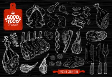 İyi yemek premium market, logo tasarımı, kasap dükkanı, et vektör toplama. Kasap ev ürünleri, gıda dükkanı. balta, kesme tahtaları, bıçak, çatal, oklava.