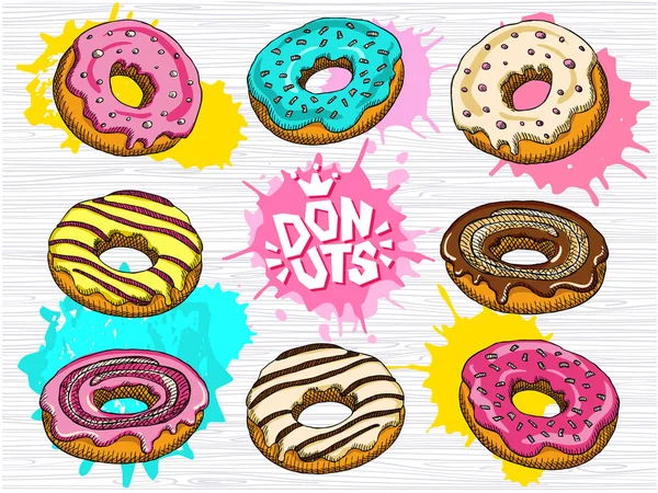 Ντόνατ διάνυσμα σύνολο απομονωμένες. Κορώνα γράμματα, λογότυπο. Συλλογή πολύχρωμες ντόνατς. Γλυκιά ζάχαρη άχνη ντόνατς. γεύμα, χρόνος διαλείμματος, φράουλα, donuts σοκολάτα κάτοψη, διάνυσμα — Διανυσματικό Αρχείο