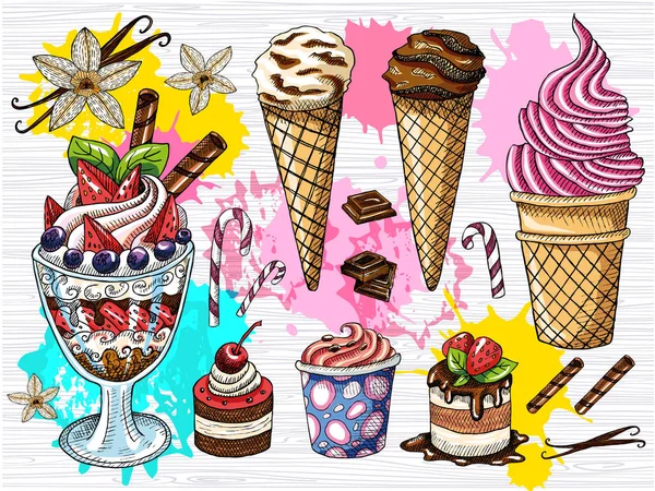 Színes sor ice cream csokoládé gyümölcs desszerteket. Ice cream, krém, epres desszert, csokoládé, vanília rúd, virágok. Vázlat stílus, színes splash. Kézzel rajzolt vektoros — Stock Vector
