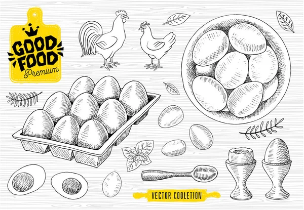 Набір яєць, тарілки, хана, яєчного лотка. Сирі яйця, сніданок, ложка, стиль ескізу, білий фон. Преміум-ринок продуктів харчування, дизайн логотипу, магазин . — стоковий вектор