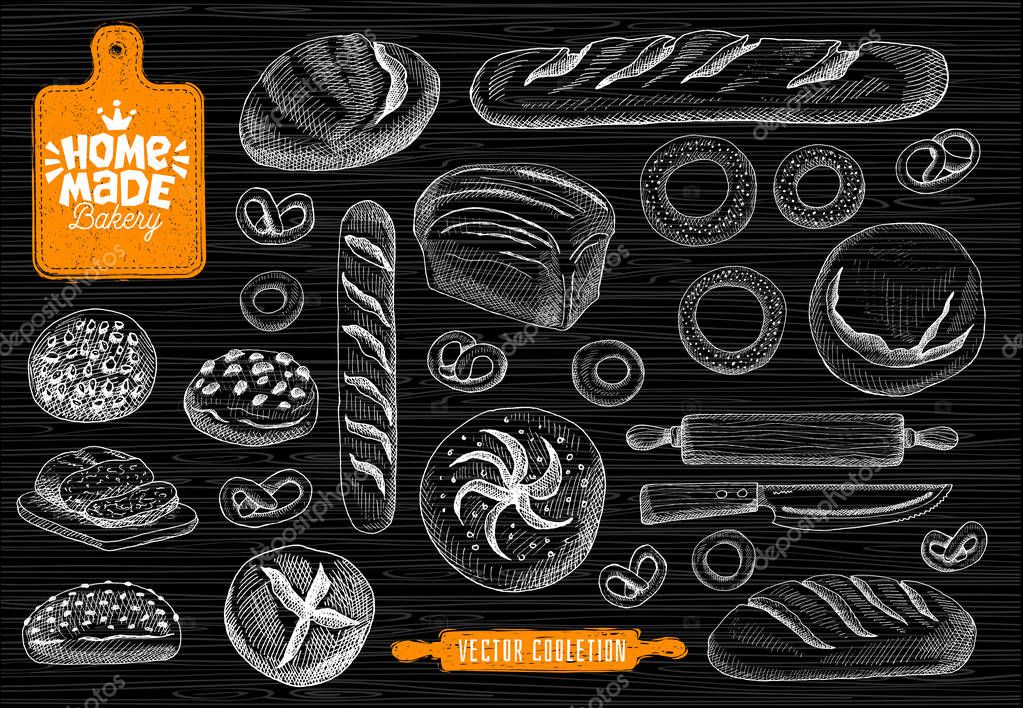 Home made bakery logo, baking, bread vector collection. Bakery house logo design, food shop. bread, baguette, bagels, home baking, cutting board, knife, rolling pin. Hand drawn vector illustration.