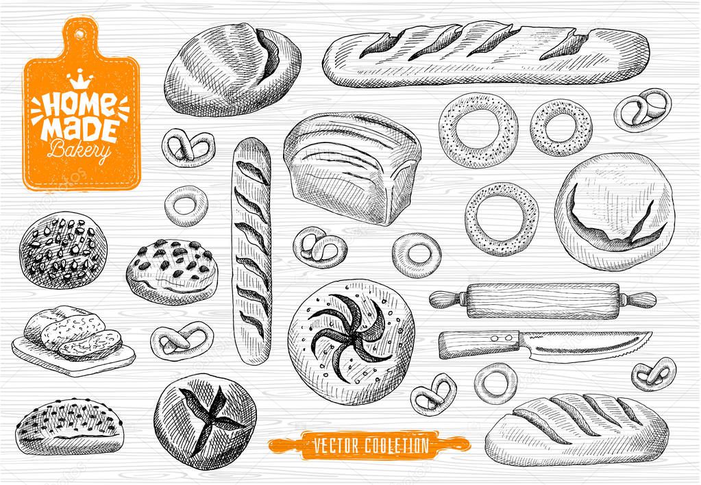 Home made bakery logo, baking, bread vector collection. Bakery house logo design, food shop. bread, baguette, bagels, home baking, cutting board, knife, rolling pin. Hand drawn vector illustration.