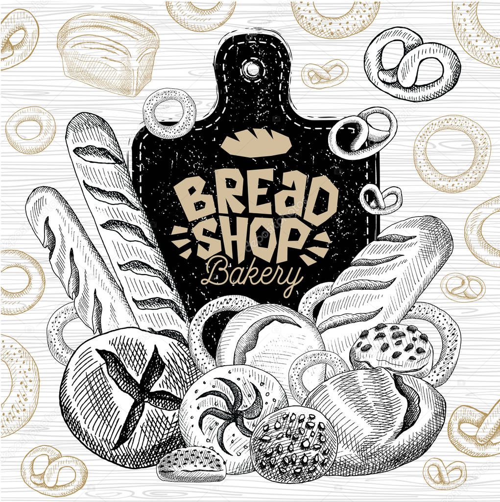 Bread shop market, logo design, healthy food shop. Bakery, bread, baguette, bagel, bun, loaf, bakery products, bread, baking. Good nutrition. Hand drawn vector illustration.