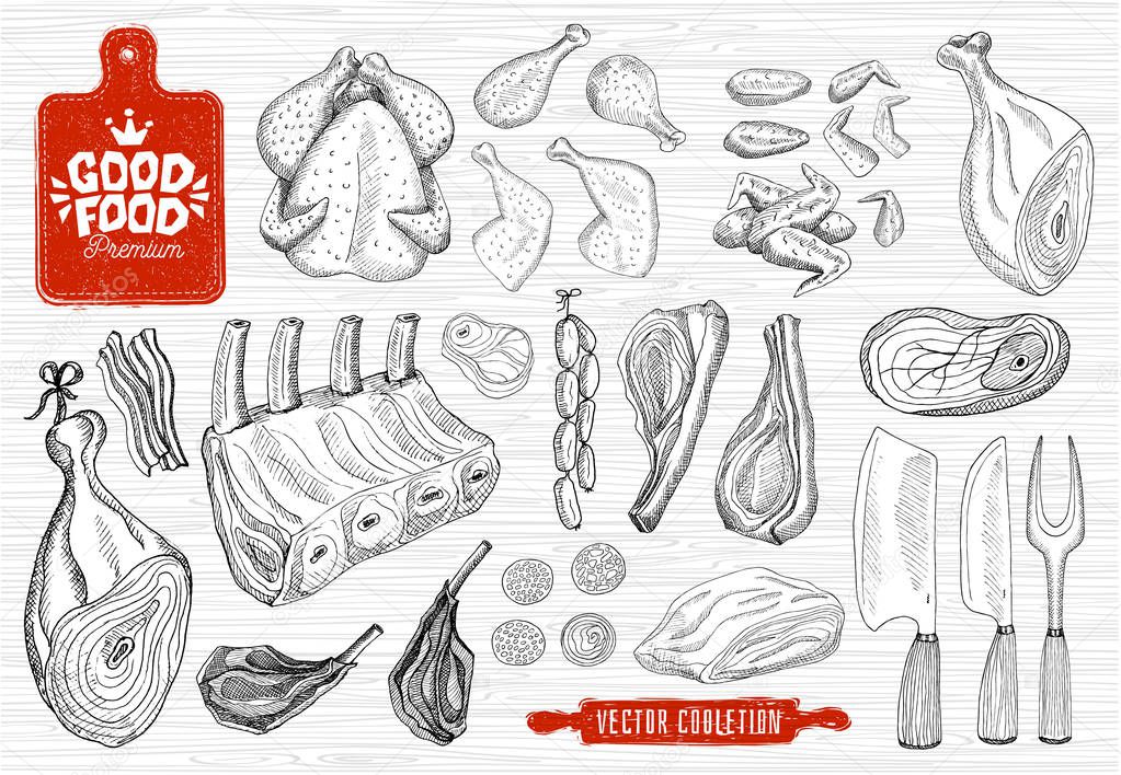 Good food premium market, logo design, butcher shop, meat vector collection. Butcher house products, food shop. axe, cutting board, knife, fork, rolling pin. Hand drawn vector illustration.