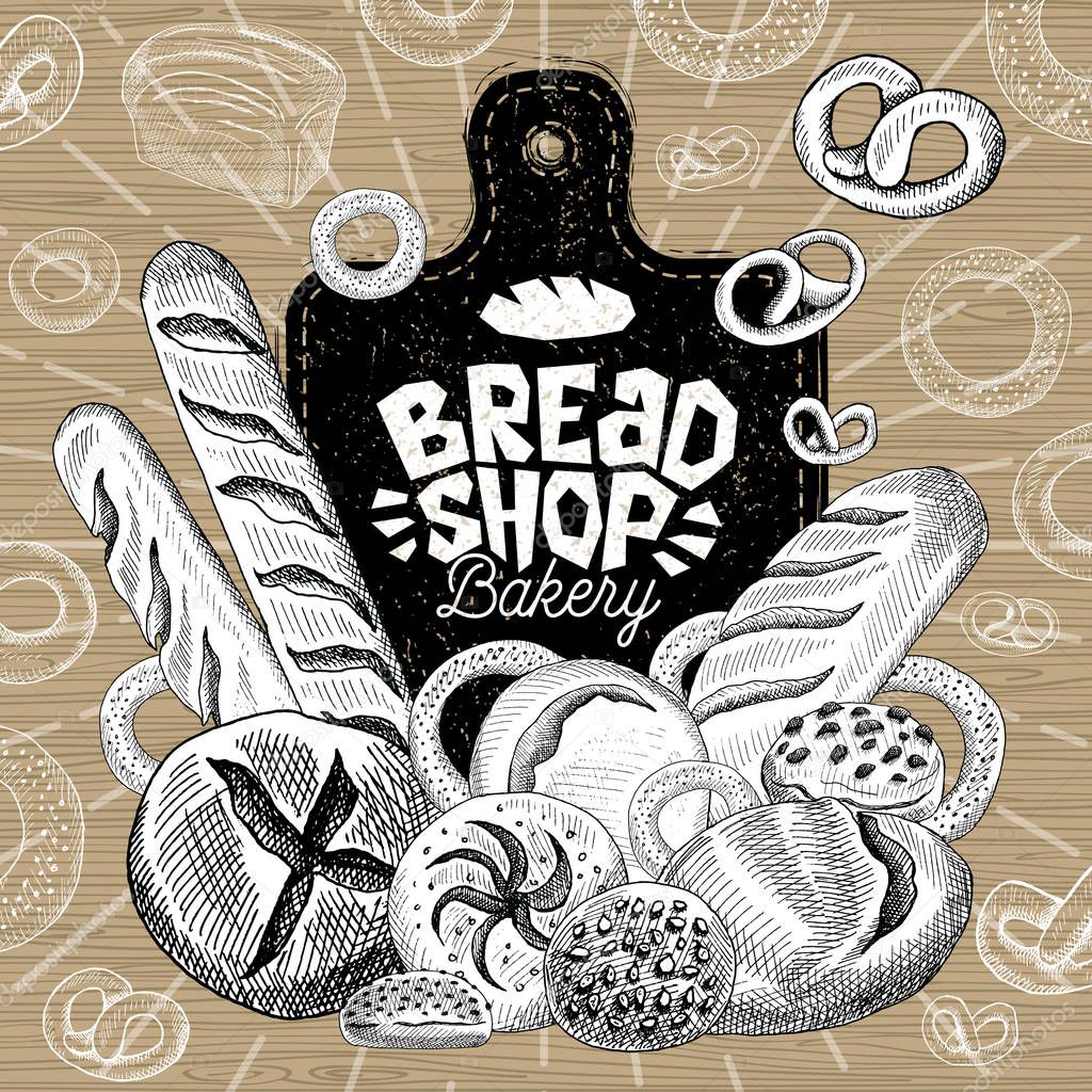 Bread shop market, logo design, healthy food shop. Bakery, bread, baguette, bagel, bun, loaf, bakery products, bread, baking. Good nutrition. Hand drawn vector