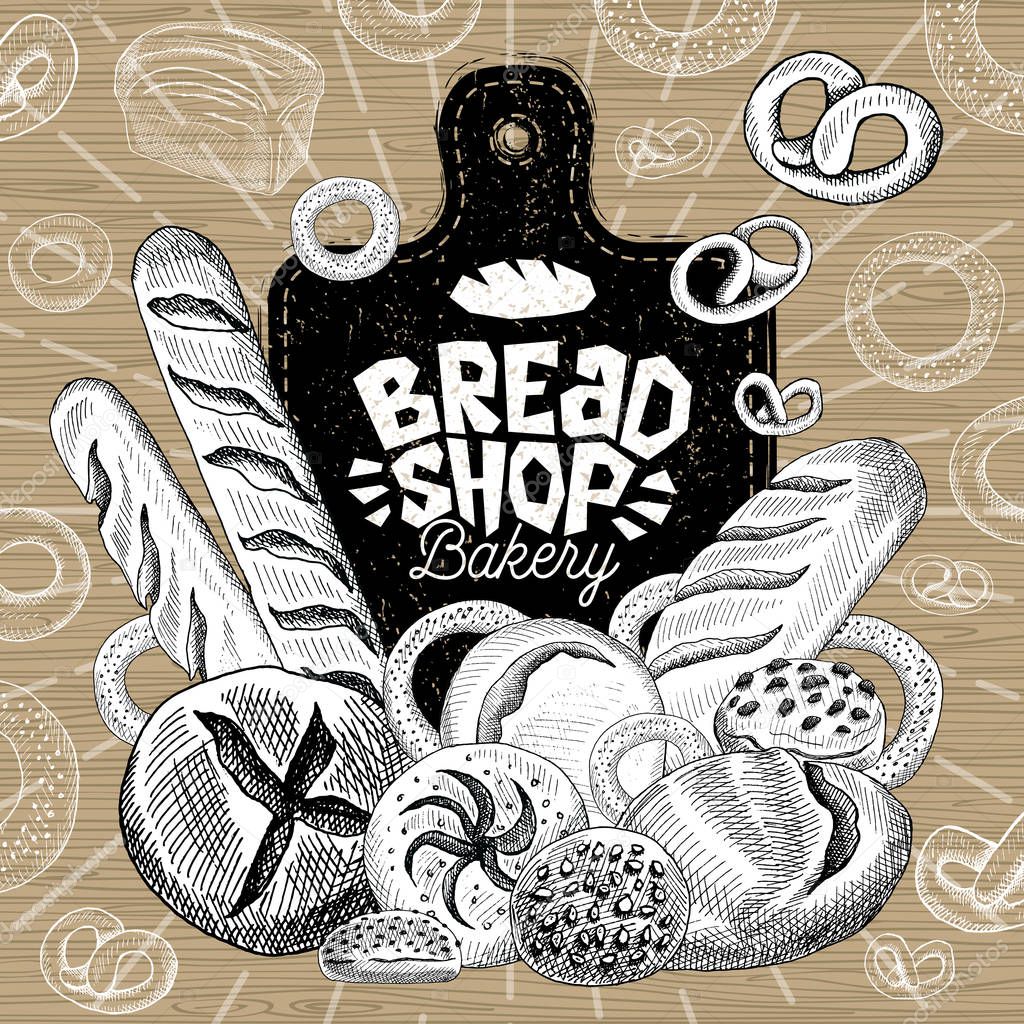 Bread shop market, logo design, healthy food shop. Bakery, bread, baguette, bagel, bun, loaf, bakery products, bread, baking. Good nutrition. Hand drawn vector illustration.