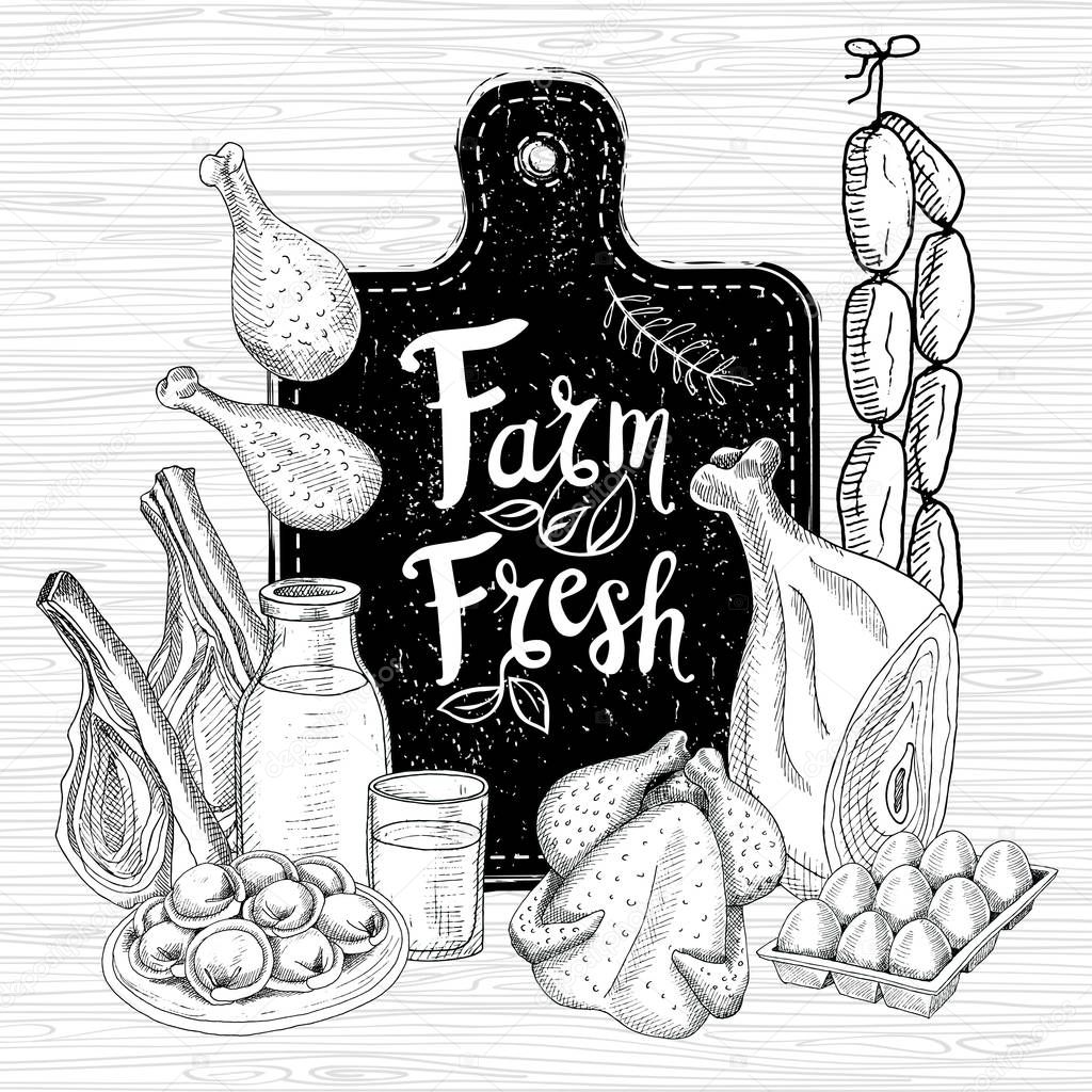 Farm fresh market, logo design, healthy food shop. Meat, milk, eggs, sausages, meat, steaks, pork, beef, chicken, legs, wings, ham, bacon. Hand drawn vector illustration.