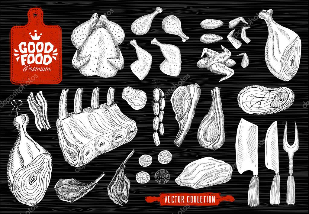 Good food premium market, logo design, butcher shop, meat vector collection. Butcher house products, food shop. axe, cutting board, knife, fork, rolling pin. Hand drawn vector illustration.