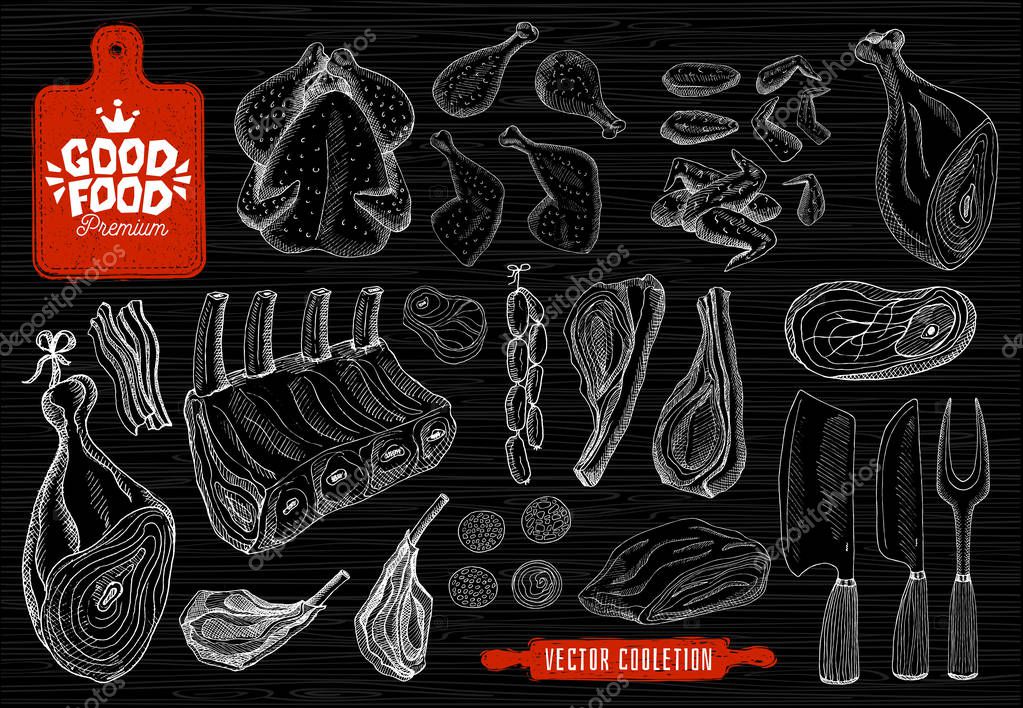 Good food premium market, logo design, butcher shop, meat vector collection. Butcher house products, food shop. axe, cutting board, knife, fork, rolling pin. Hand drawn vector illustration.